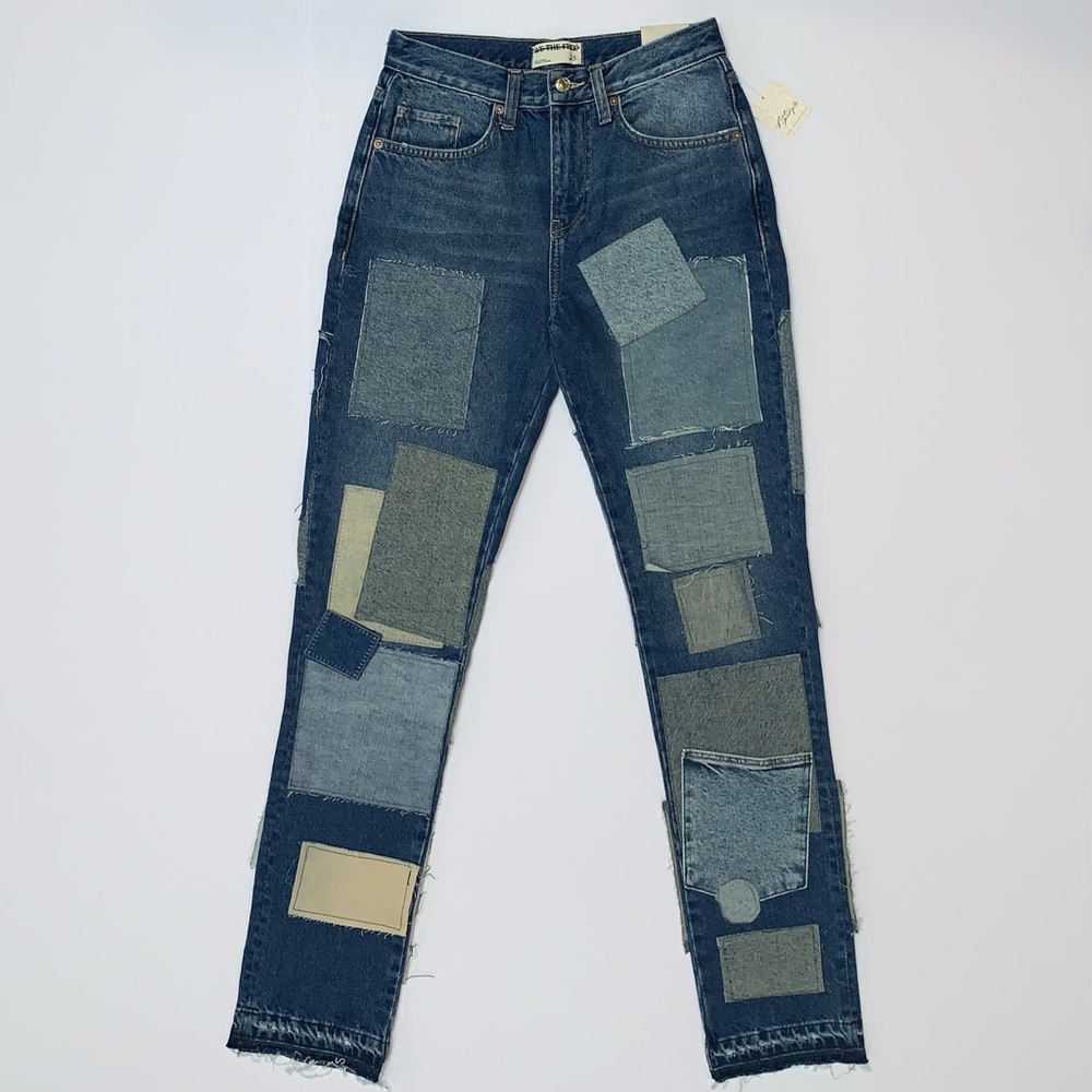 Free People Women’s Bare with Me Mid-Rise Blue Denim Patchwork Jeans-Size 25 New